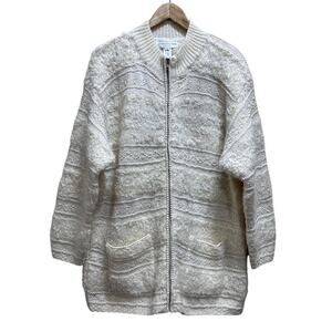 Jones New York Sport Hand Knit Mohair Wool Sweater S Long Cardigan Cream Zip